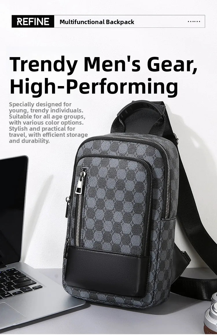A dark gray multifunctional backpack featuring a checkered geometric pattern and black accents.