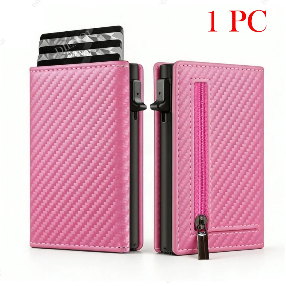 A pink quilted card holder wallet with a zipper and a card slot is shown.