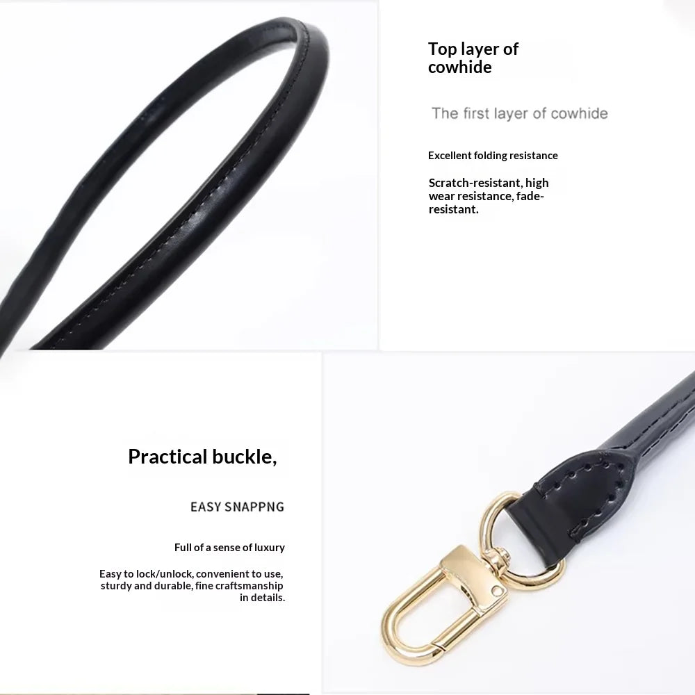 Black cowhide leather shoulder strap with a brass buckle and stitching details
