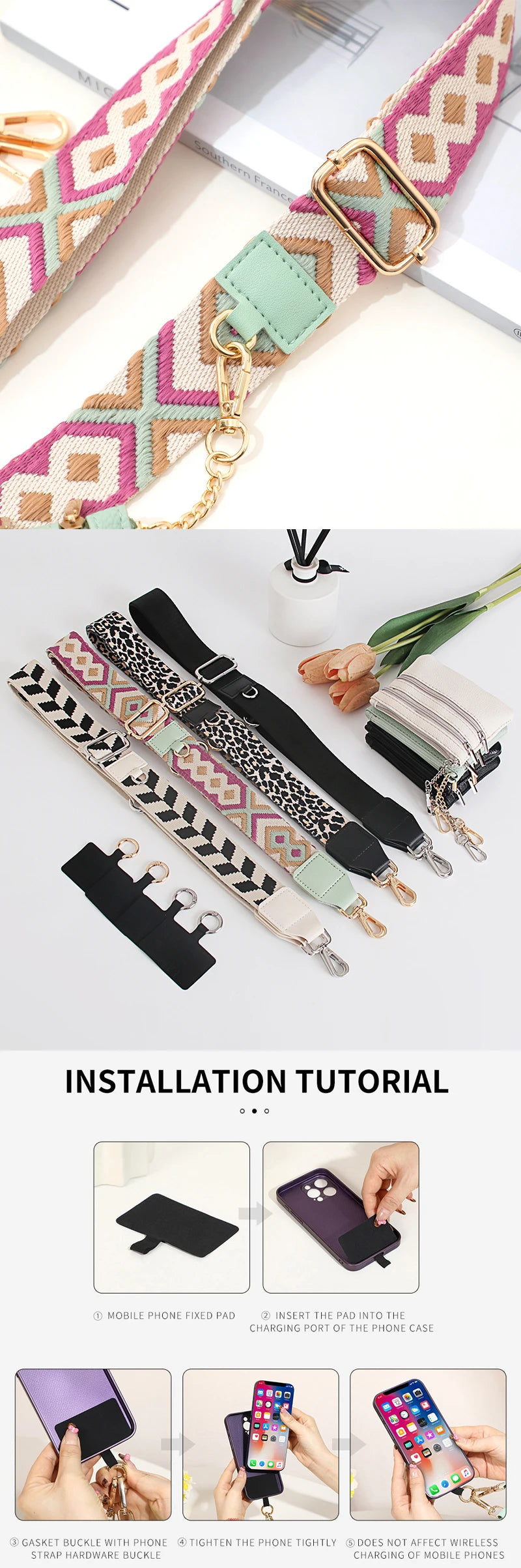 A close-up of a pink and beige patterned phone lanyard with a gold clasp and a detachable leather wallet.
