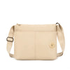 A beige waterproof nylon crossbody bag with a flap and leather trim is shown against a white background.