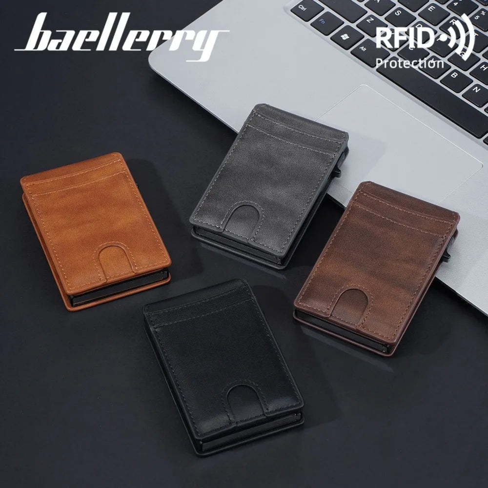 A collection of men's PU leather RFID blocking card holder wallets in brown, black, and dark gray placed on a laptop.