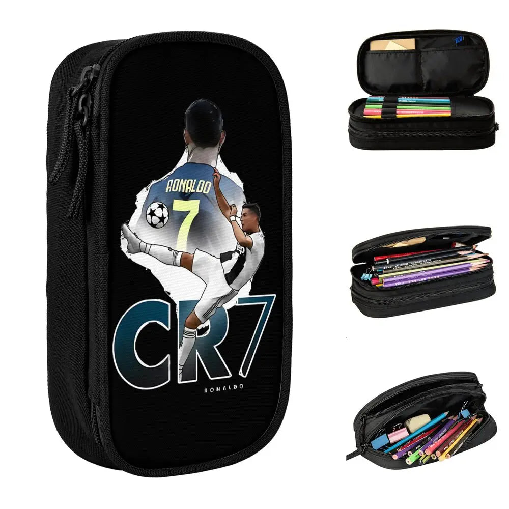 Black zippered pencil case featuring a graphic of Cristiano Ronaldo and the CR7 logo