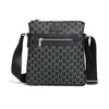 A black men's lightweight crossbody sling bag with a zipper closure and a monogram pattern.