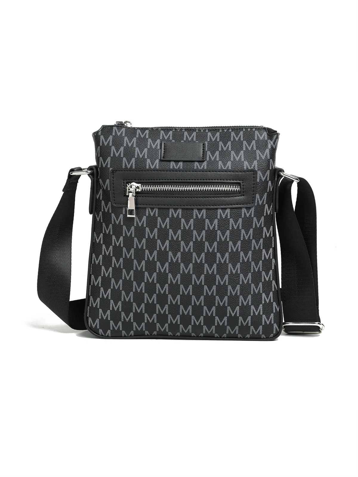 A black men's lightweight crossbody sling bag with a zipper closure and a monogram pattern.