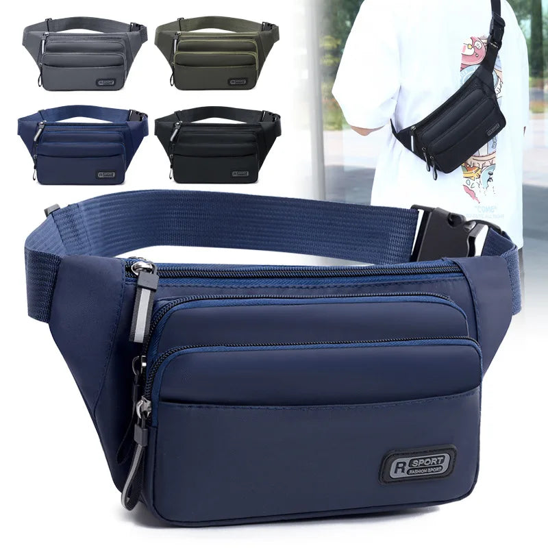 Petit sac imperméable bleu marine présenté sous différents angles, y compris un gros plan et porté par une personne