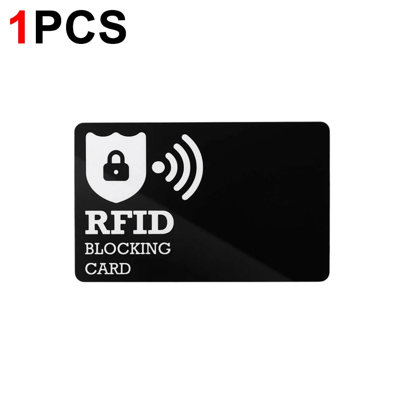A black card with an RFID blocking symbol, indicating protection for wallets, passports, and credit cards.