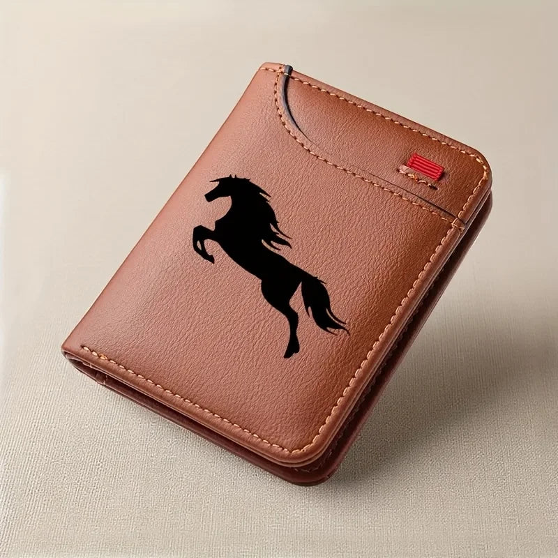 A brown faux leather card holder wallet with a black silhouette of a horse embossed on the cover.