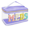 Clear toiletry bag with a purple exterior and the word MEDS embroidered in colorful letters
