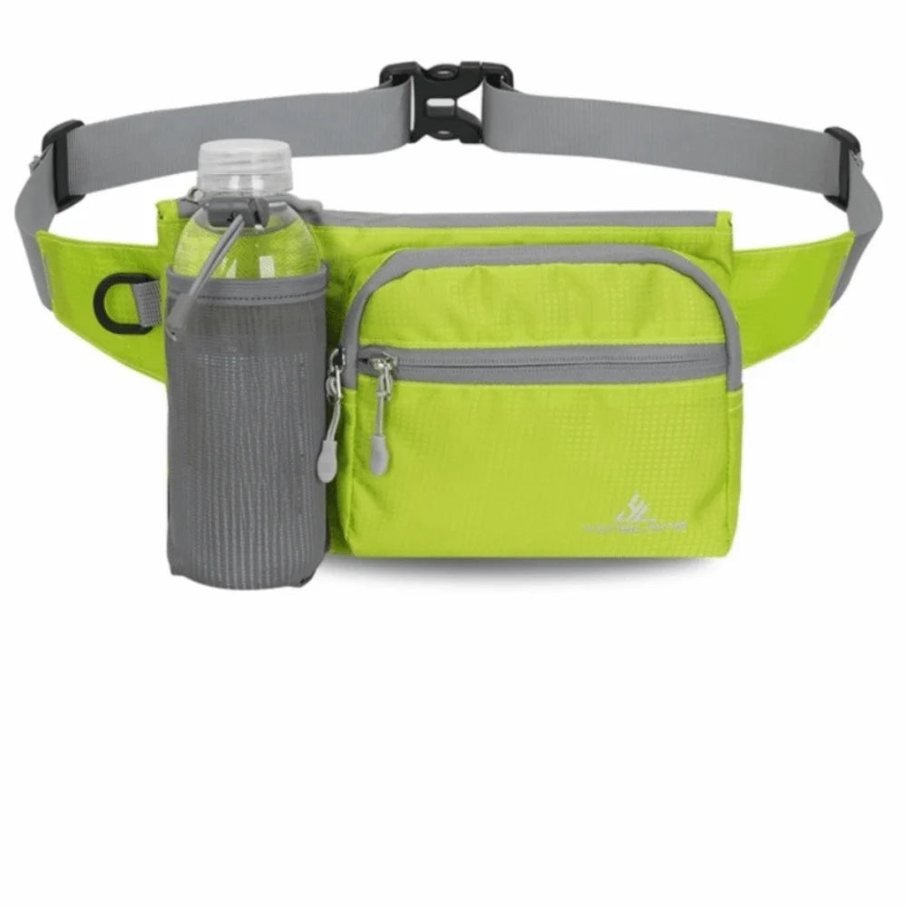 A lime green waterproof invisible waist pack with a gray bottle holder and strap for runners or travelers.