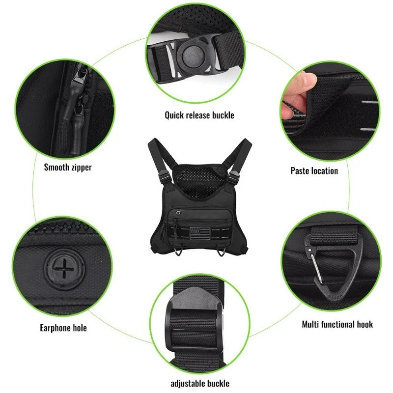 Diagram showing various features of a black tactical chest bag including a quick release buckle, smooth zipper, paste locatio