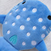 A blue shark mini plush toy with white polka dots and a teal heart detail.