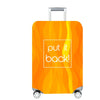 An orange heavy duty luggage protection cover on a rolling suitcase.