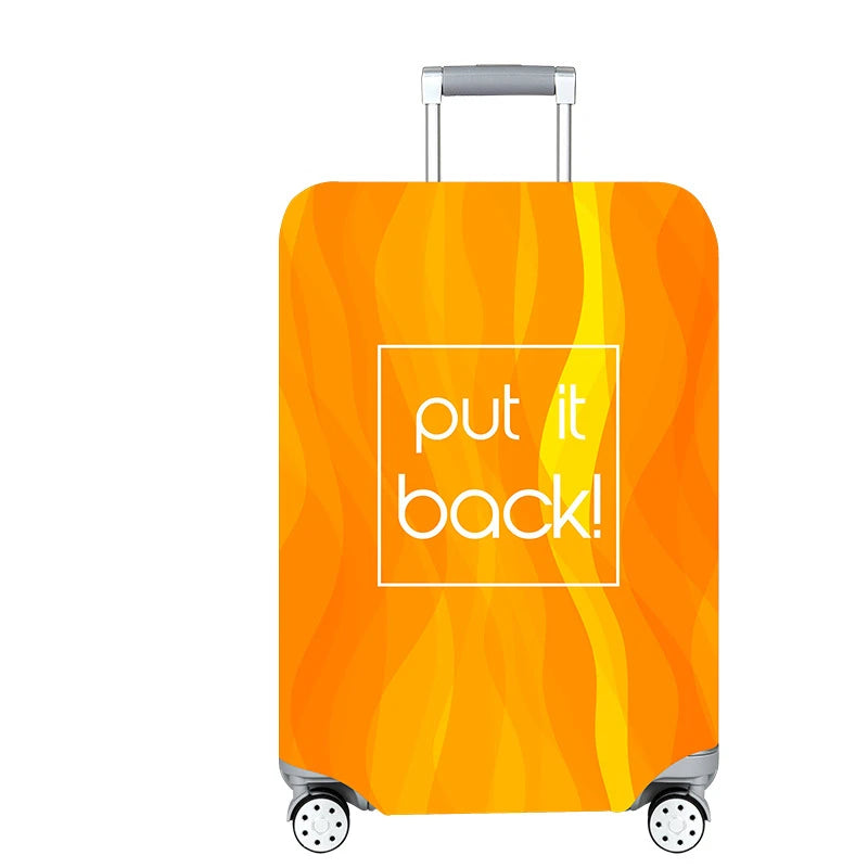 An orange heavy duty luggage protection cover on a rolling suitcase.