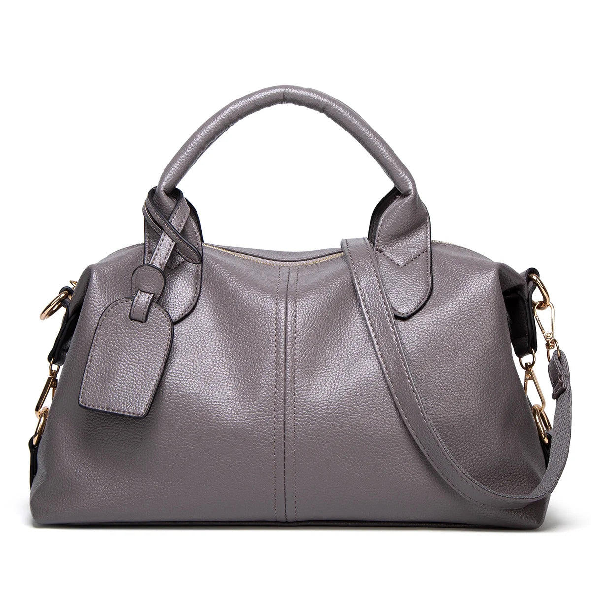 A gray faux leather Boston handbag with a curved handle and flap closure.