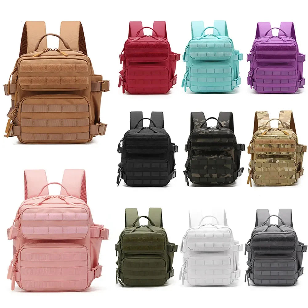 A collection of various colored tactical MOLLE backpacks for hiking and everyday carry.