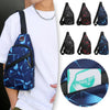 A navy blue waterproof crossbody chest bag worn by a person, shown alongside various color options.