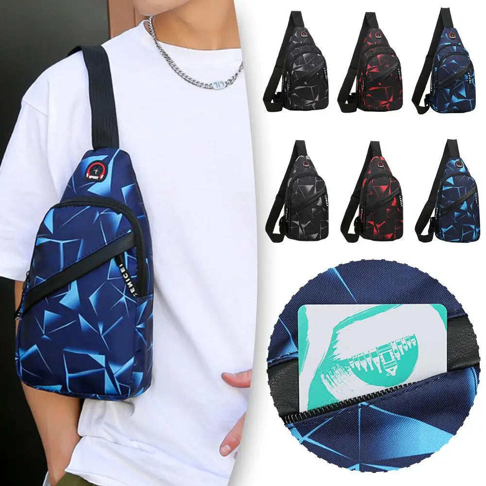 A navy blue waterproof crossbody chest bag worn by a person, shown alongside various color options.