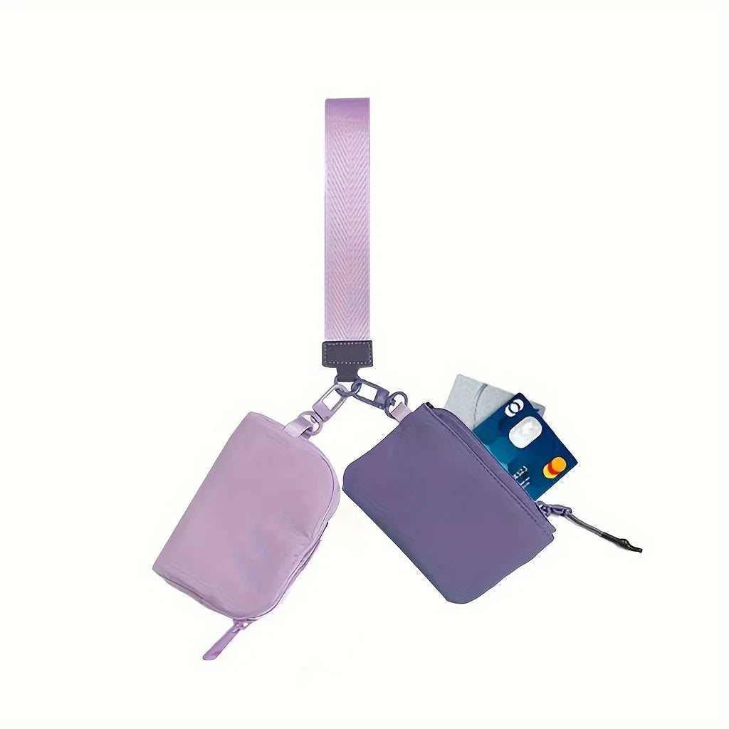 A purple elegant PU wristlet key card wallet attached to a strap.