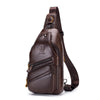 A dark brown genuine leather men's crossbody messenger bag with a leather strap and zipper details.