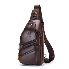 A dark brown genuine leather men's crossbody messenger bag with a leather strap and zipper details.