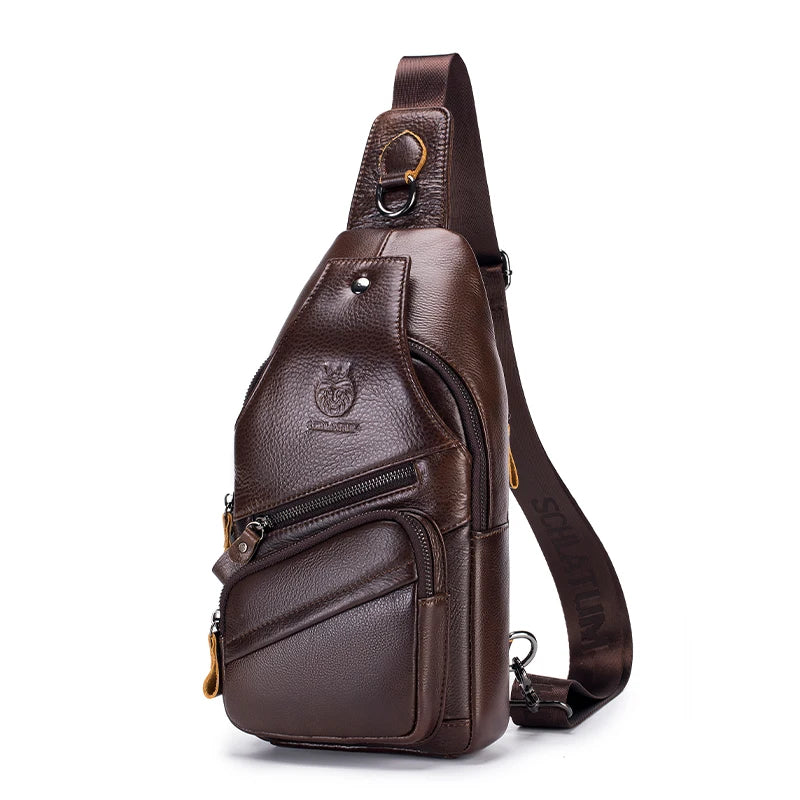 A dark brown genuine leather men's crossbody messenger bag with a leather strap and zipper details.