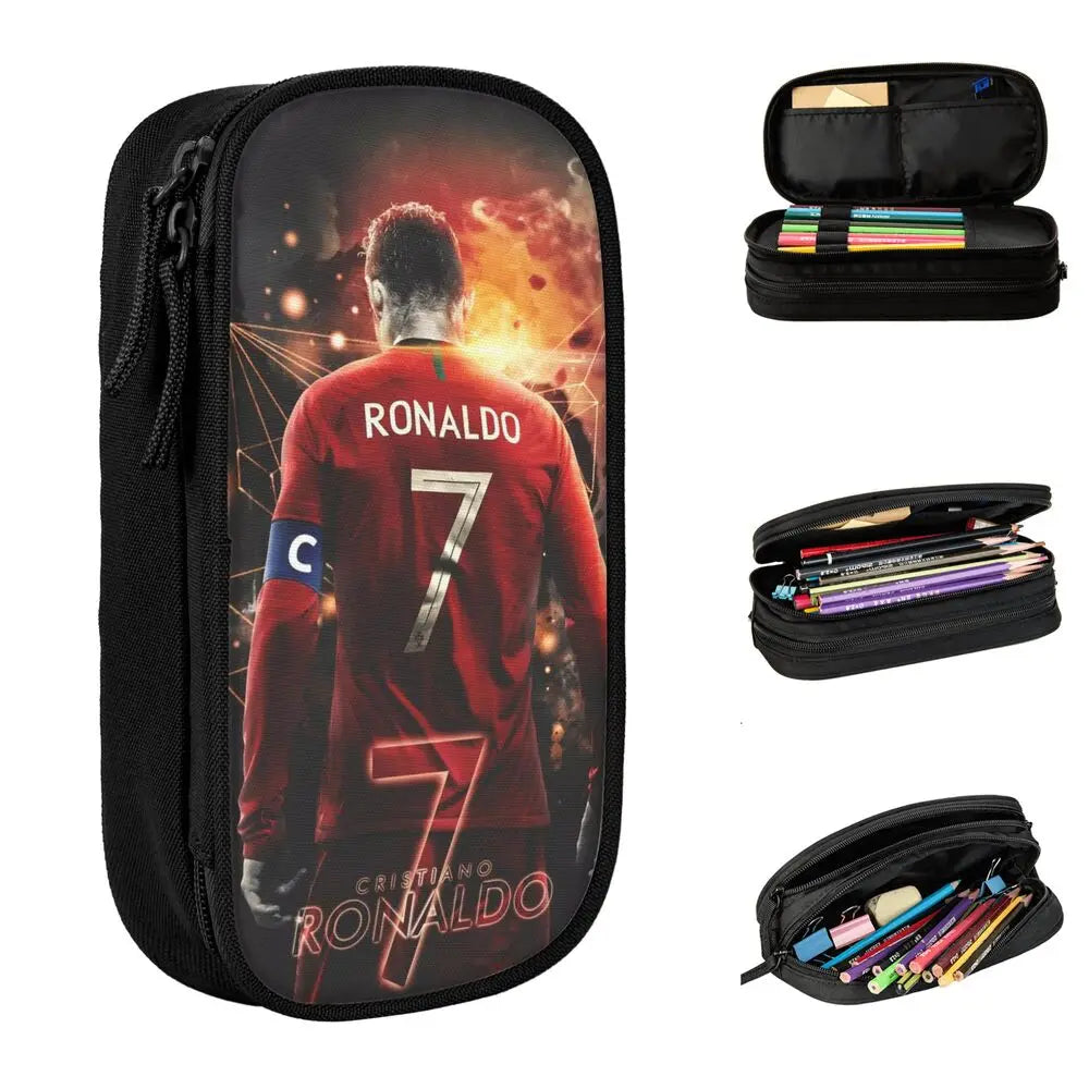 Black zippered pencil case featuring a graphic of Cristiano Ronaldo in a red jersey.