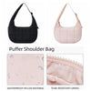 Pink quilted nylon shoulder bag shown in front and detail of the tear-resistant lining