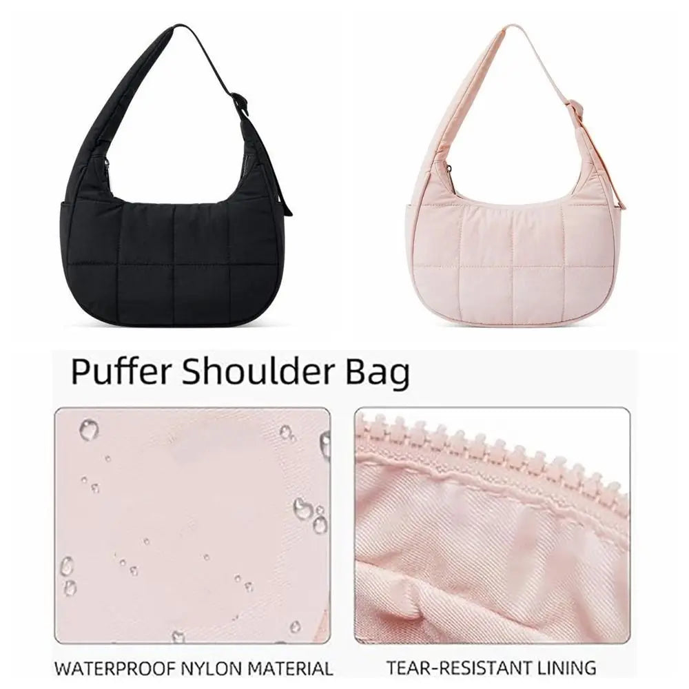 Pink quilted nylon shoulder bag shown in front and detail of the tear-resistant lining