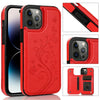 A red elegant wallet flip case for an iPhone shown in various angles and with a card slot.