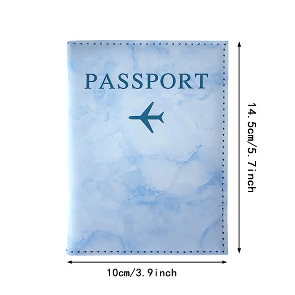Light blue marble print passport card holder with a stitched edge and a stylized airplane design