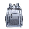 A clear waterproof backpack with a mesh pocket and gray straps.