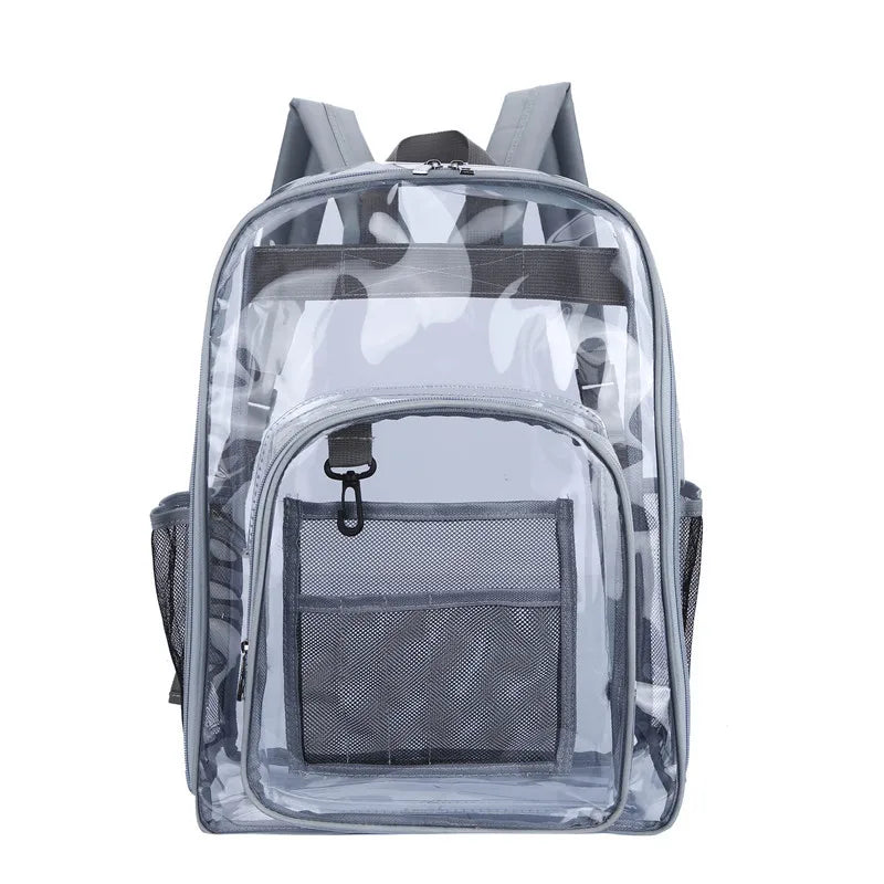 A clear waterproof backpack with a mesh pocket and gray straps.