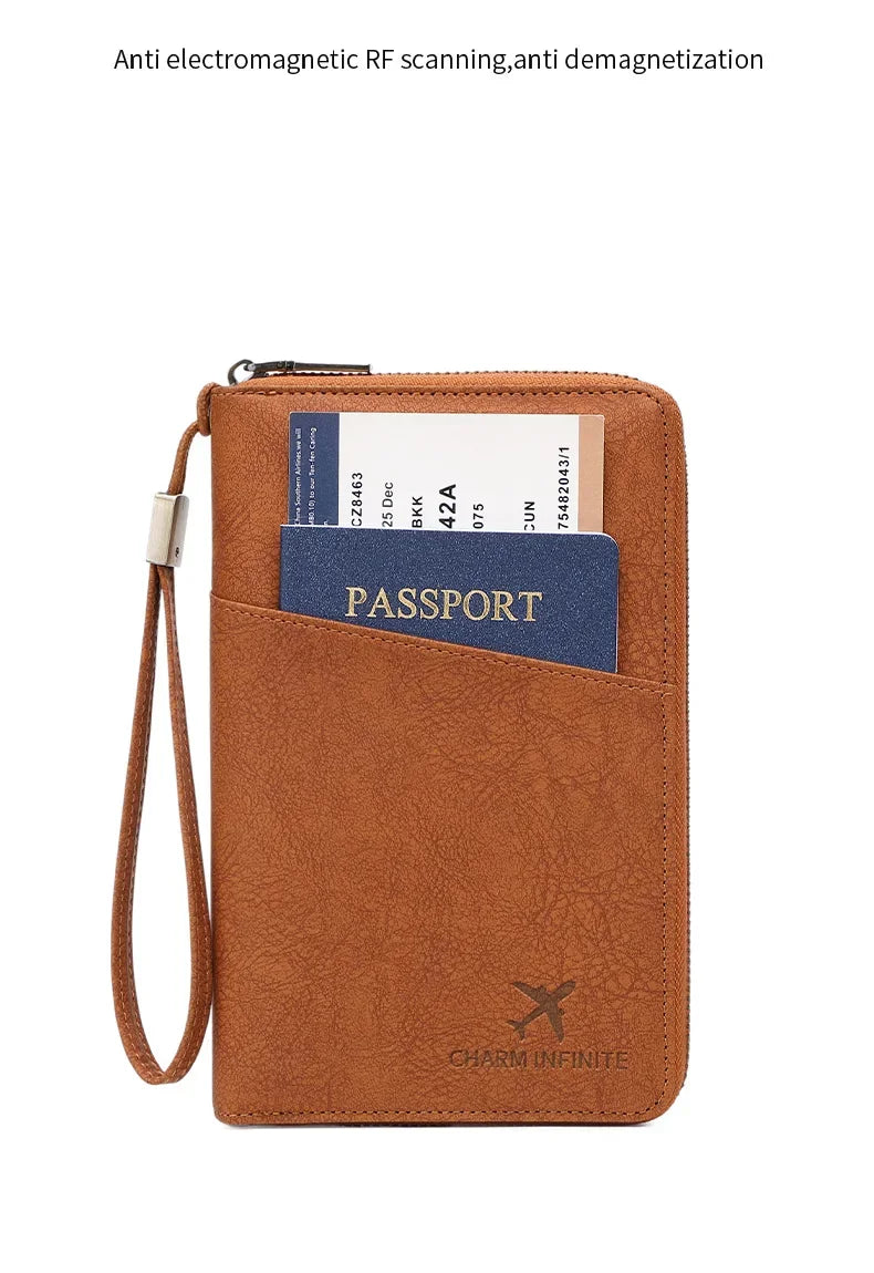 A brown leather passport holder with a lanyard, featuring an RFID blocking design and the Charm Infinite brand.
