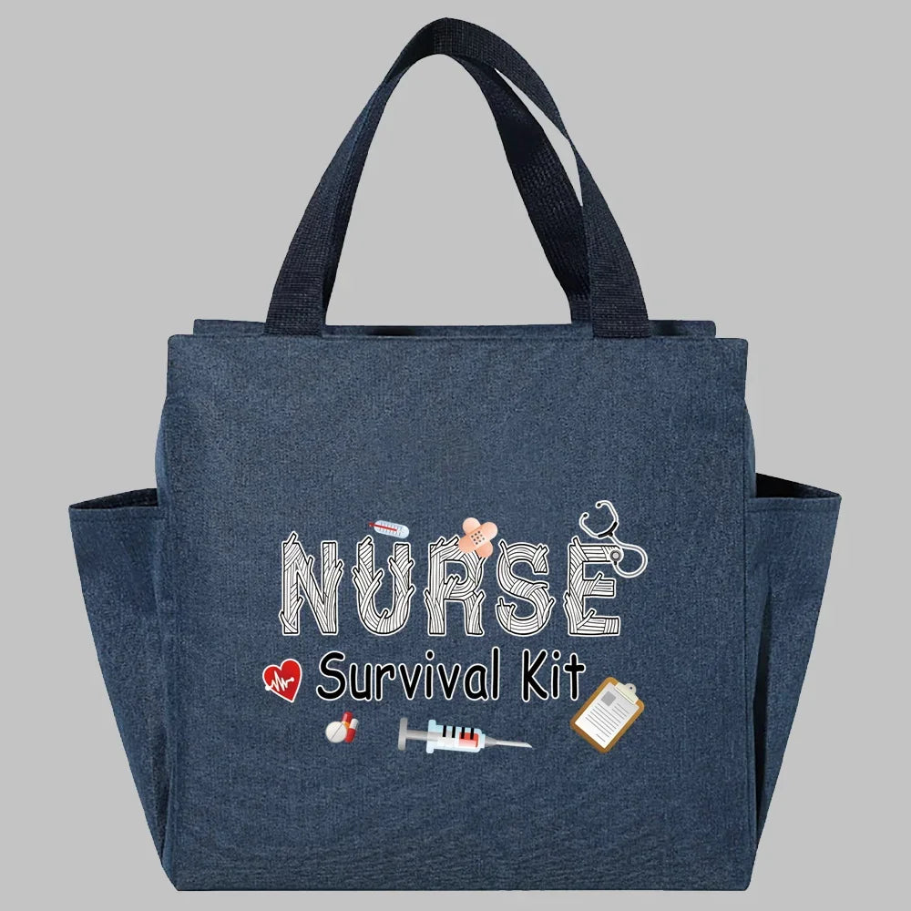 Bolsa de almuerzo de lona azul marino con el texto NURSE y Kit de Supervivencia con suministros médicos