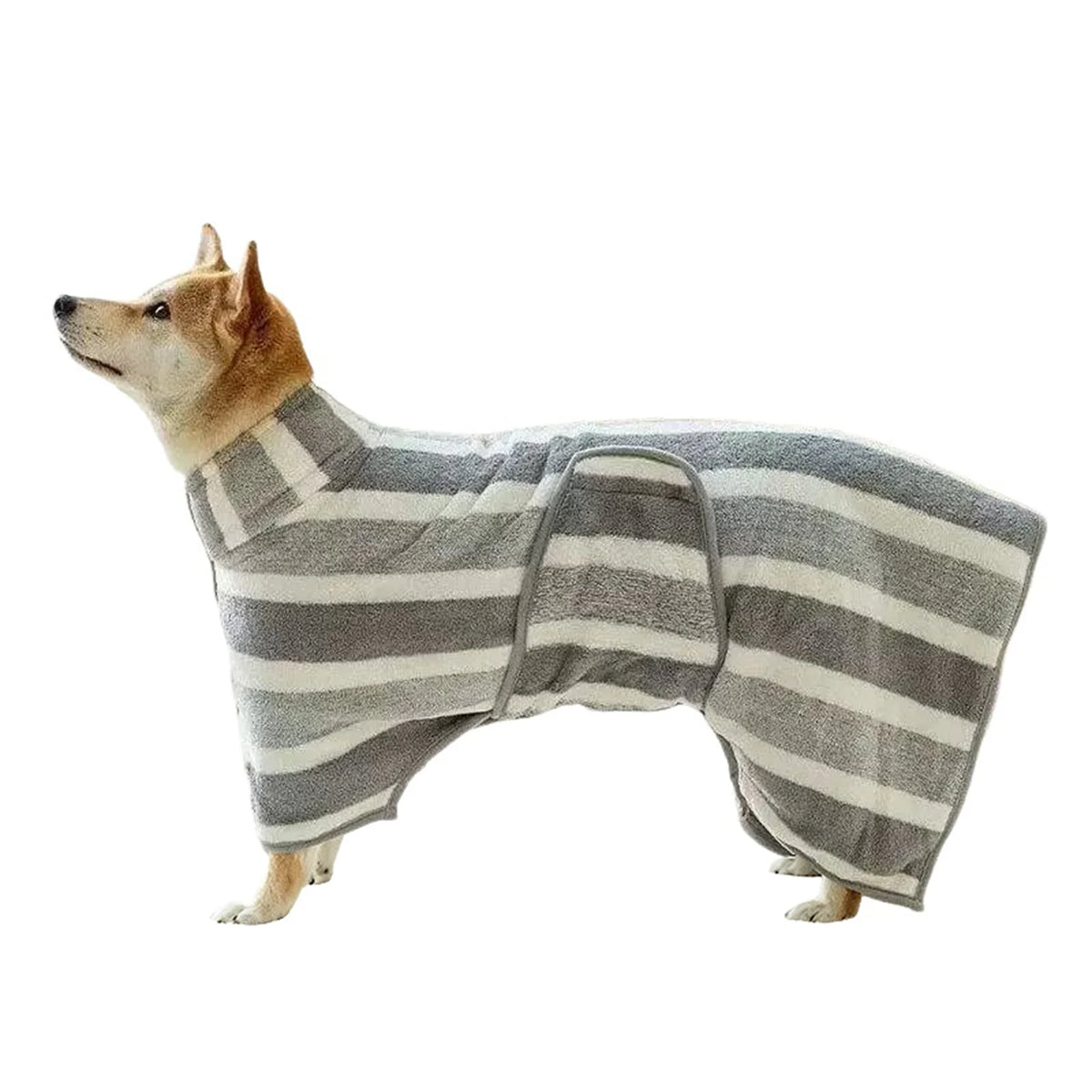Un chien portant un peignoir de bain rayé gris et blanc à séchage rapide.