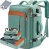 A teal travel backpack with orange accents and multiple packing cubes visible.