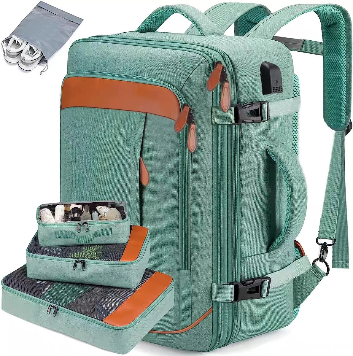 A teal travel backpack with orange accents and multiple packing cubes visible.
