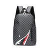 A gray plaid laptop backpack with black straps and a white and red graphic design.