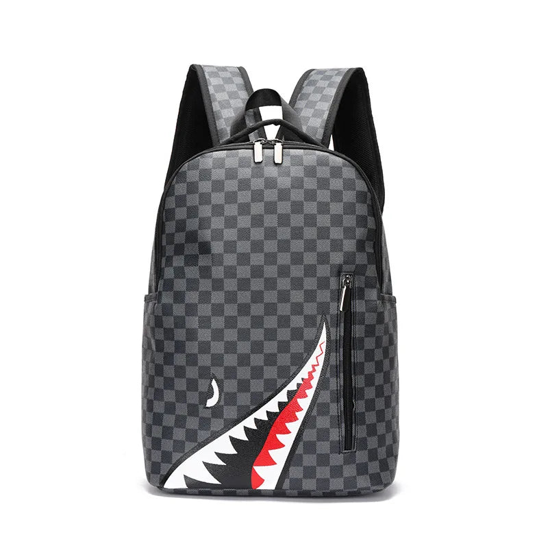 A gray plaid laptop backpack with black straps and a white and red graphic design.
