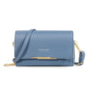 A light blue leather multi-card shoulder wallet with gold hardware shown against a white background.