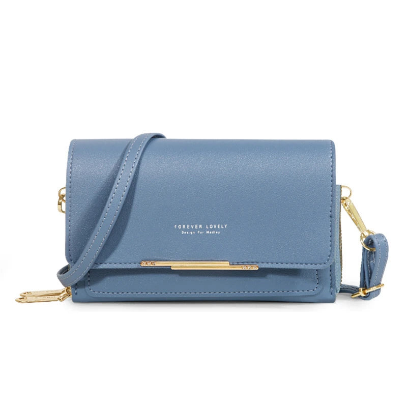 A light blue leather multi-card shoulder wallet with gold hardware shown against a white background.