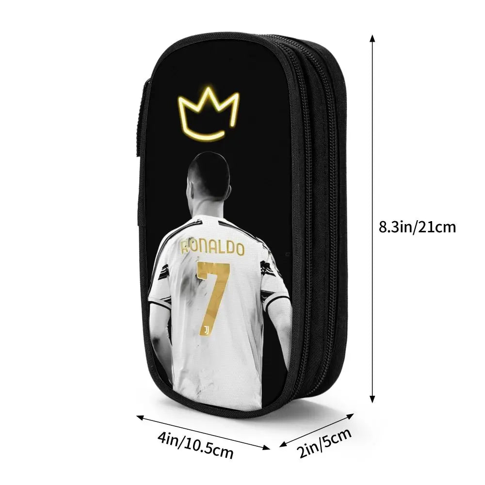 Black pencil case featuring a graphic of a crown and a soccer jersey.