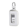 A white leather car key case with a silver padlock and transparent window.