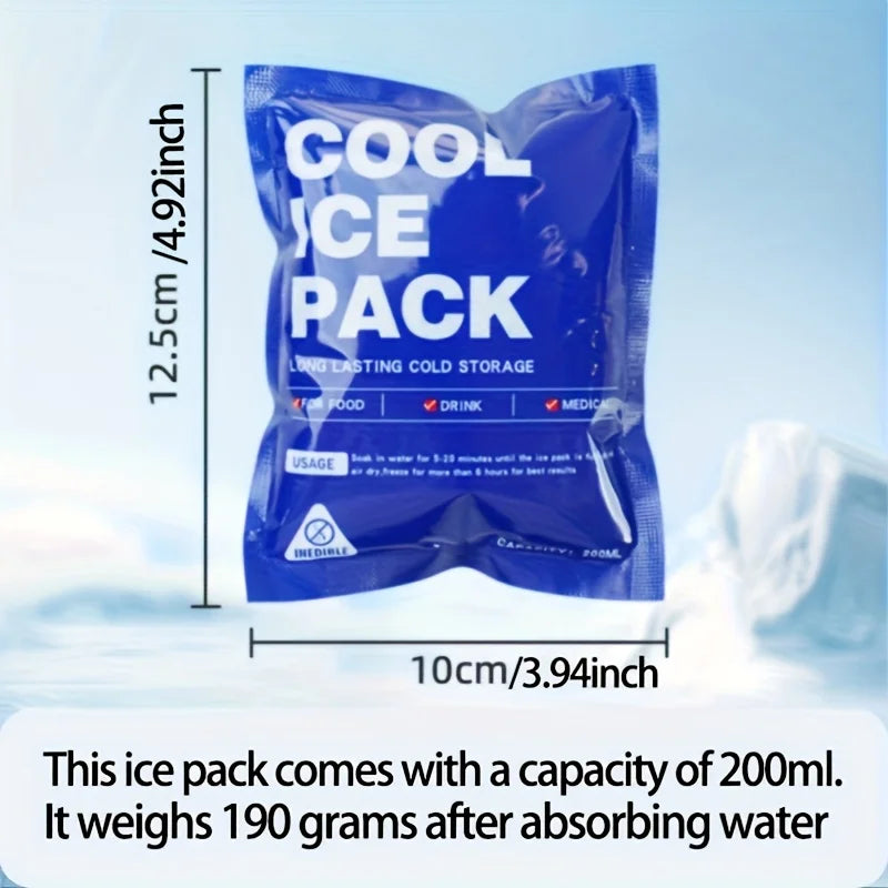 A blue reusable ice pack bag labeled COOL ICE PACK showing its dimensions and weight.
