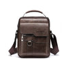 A dark brown vintage PU leather crossbody messenger bag with a top handle and adjustable shoulder straps.