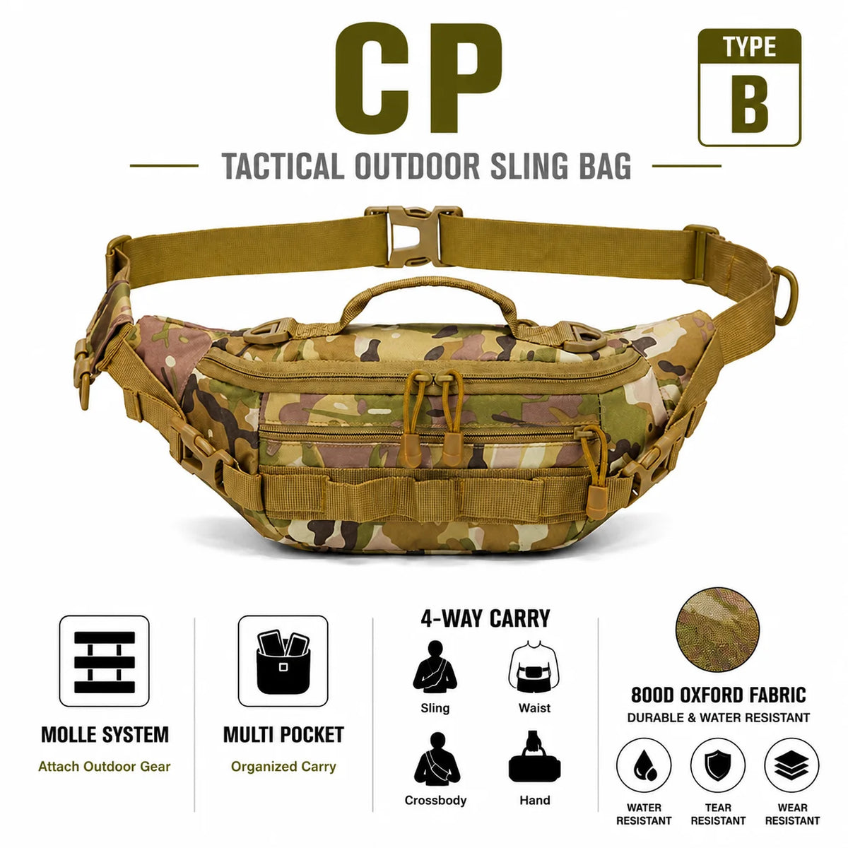 Olive drab tactical sling bag with MOLLE system and 4-way carry options