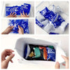 Hands are shown placing reusable leakproof ice packs into an ice pack container.