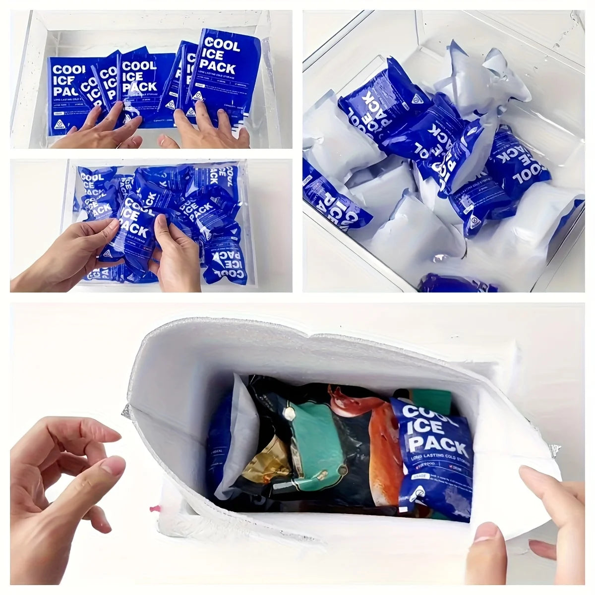 Hands are shown placing reusable leakproof ice packs into an ice pack container.