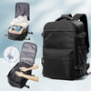A black expandable vacuum compression travel backpack shown with accessories and a demonstration of its compression feature.